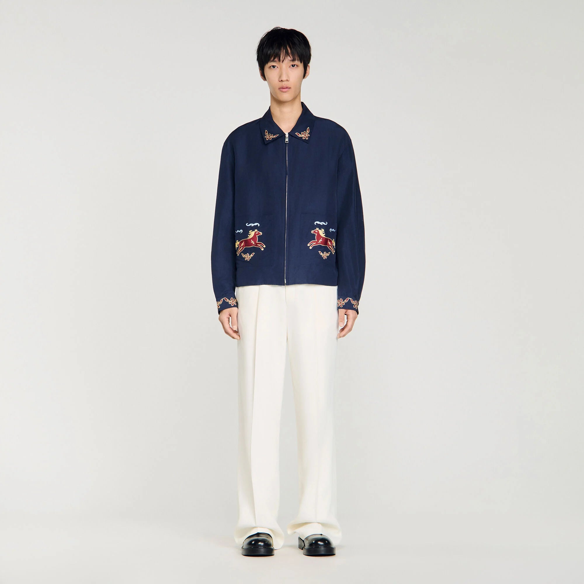 Horse Jacket Embroidered Wing Collar Jacket Navy Blue