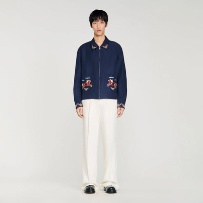 Horse Jacket Embroidered Wing Collar Jacket Navy Blue