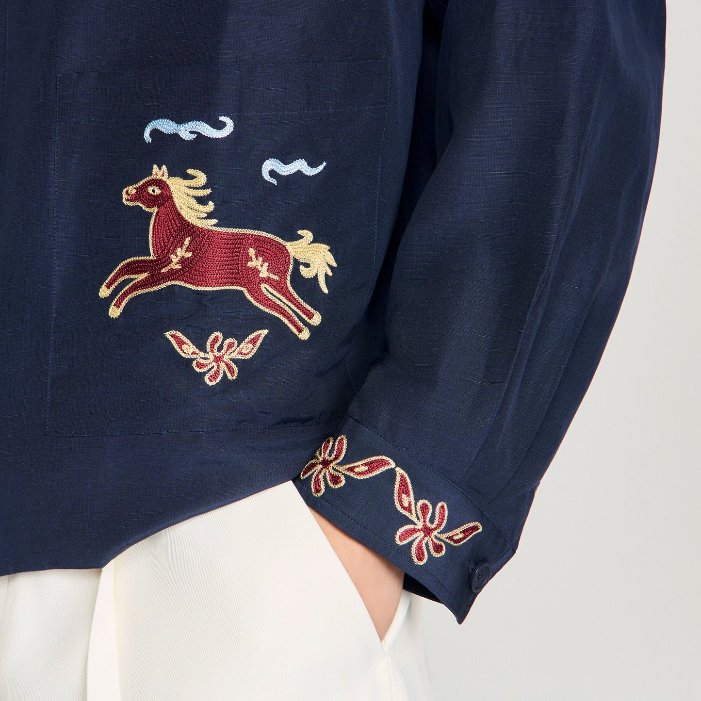 Horse Jacket Embroidered Wing Collar Jacket Navy Blue