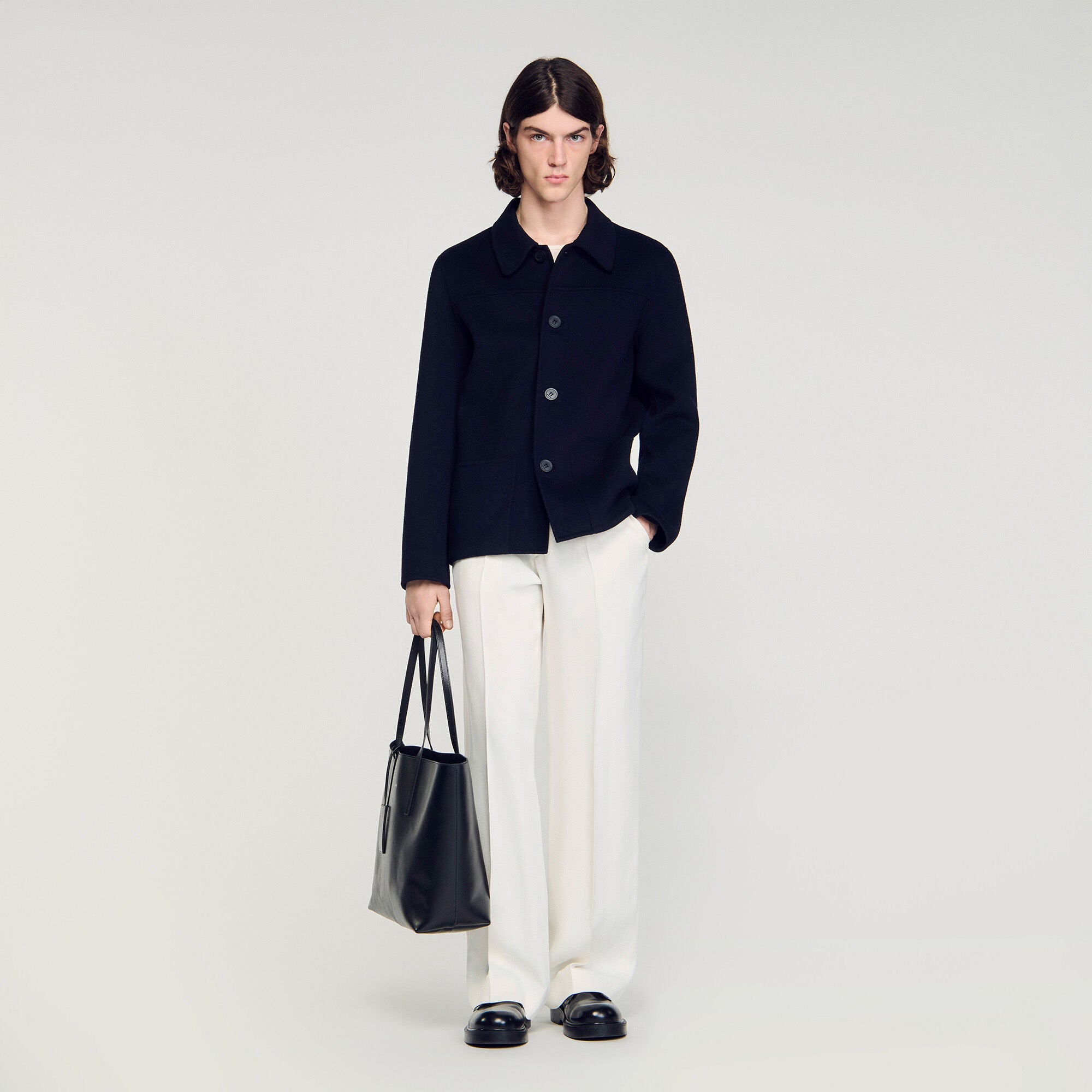 Worker Double Face Wool Jacket With Regular Collar Navy Blue