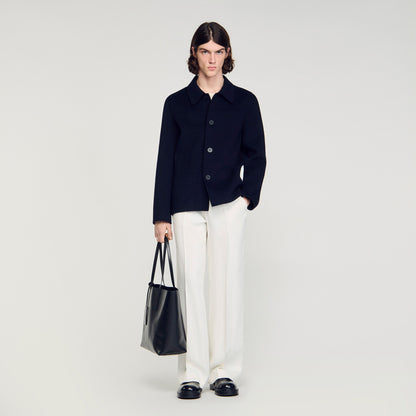 Worker Double Face Wool Jacket With Regular Collar Navy Blue
