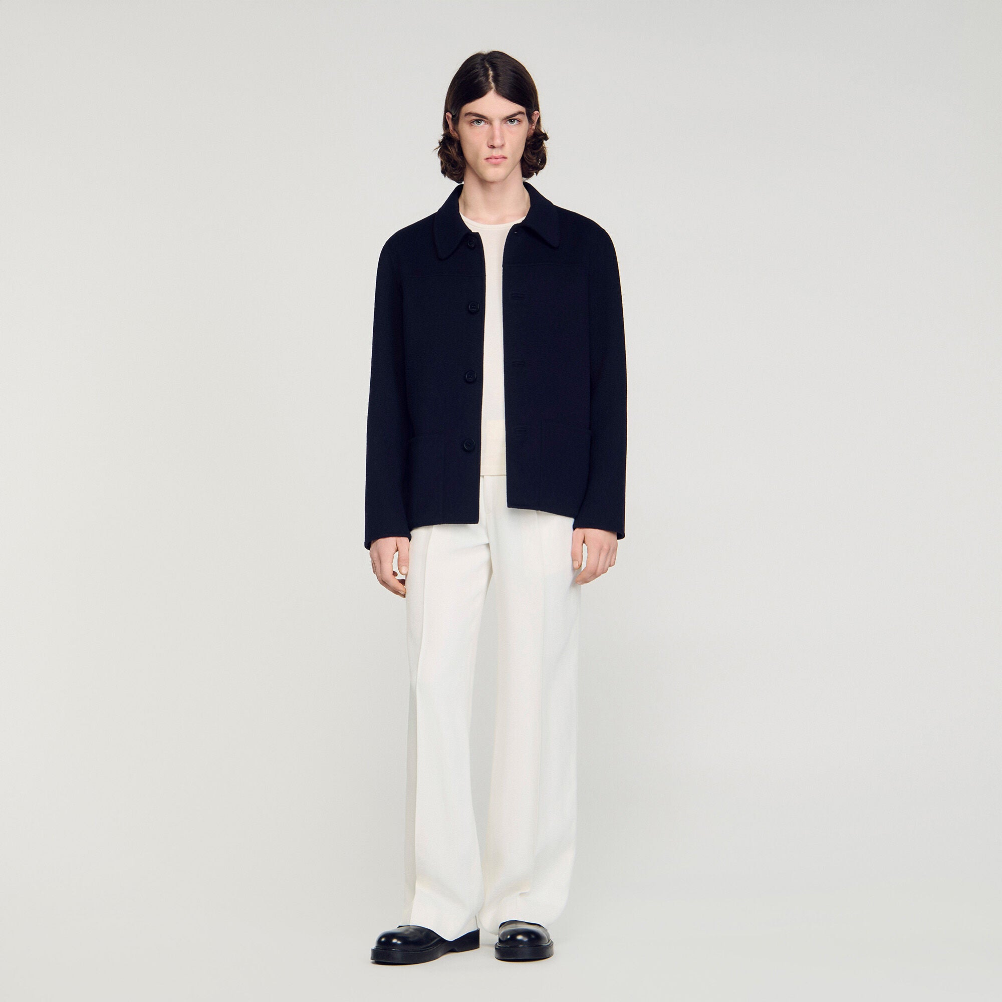 Worker Double Face Wool Jacket With Regular Collar Navy Blue