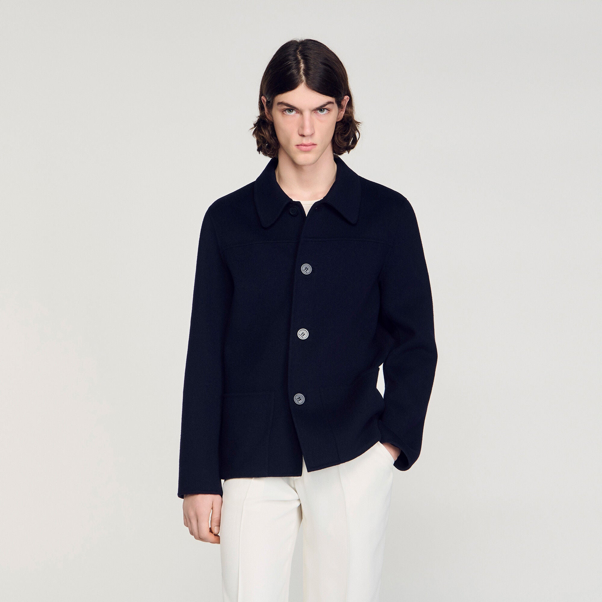Worker Double Face Wool Jacket With Regular Collar Navy Blue
