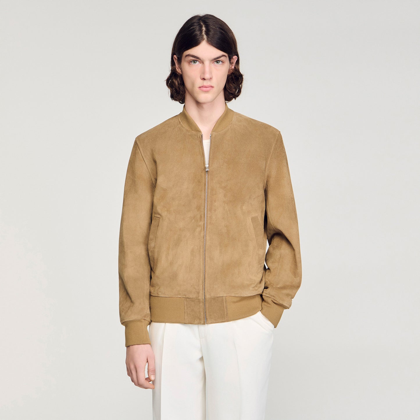 Monaco Suede Capuccino Zip-Up Split Leather Jacket Cappucino