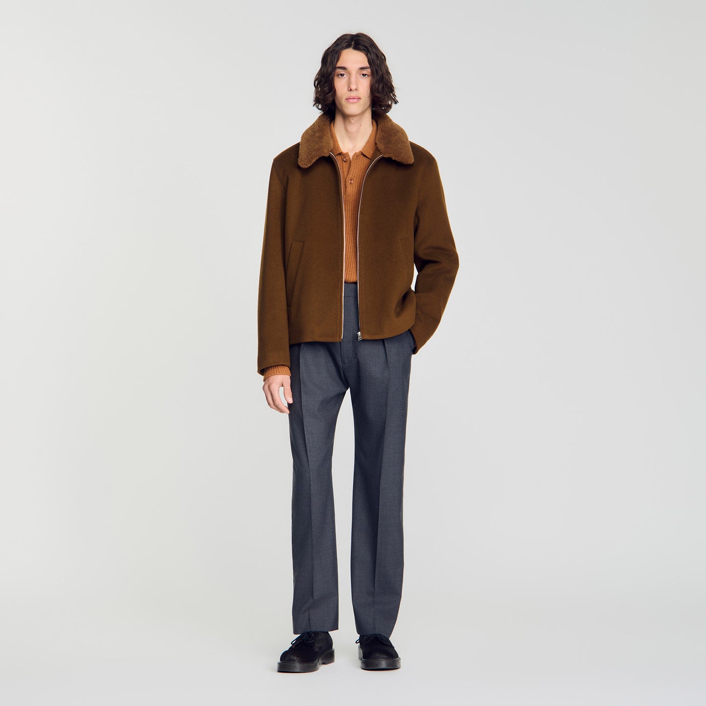 Minimal Aviator Wool zip-up jacket Camel