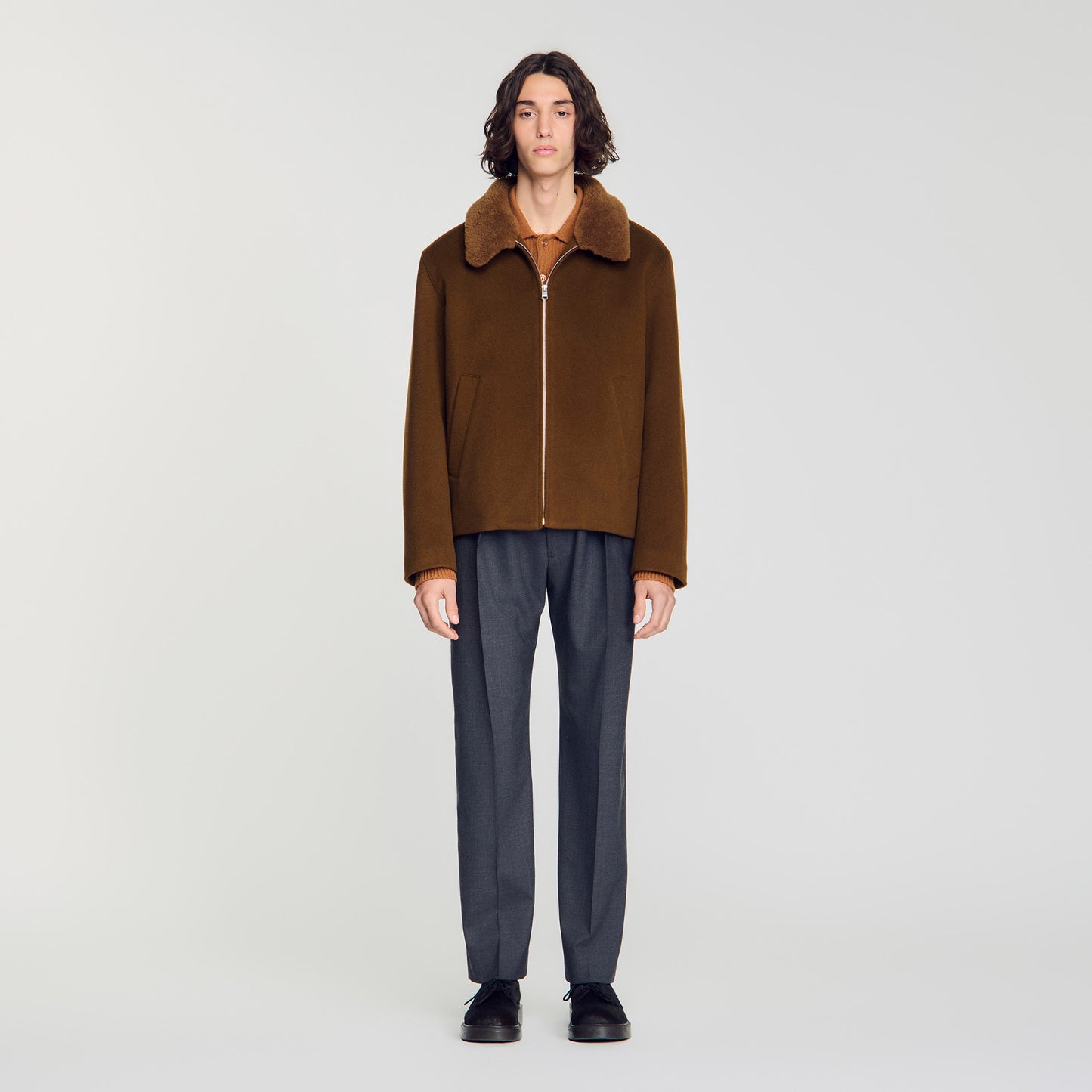 Minimal Aviator Wool zip-up jacket Camel