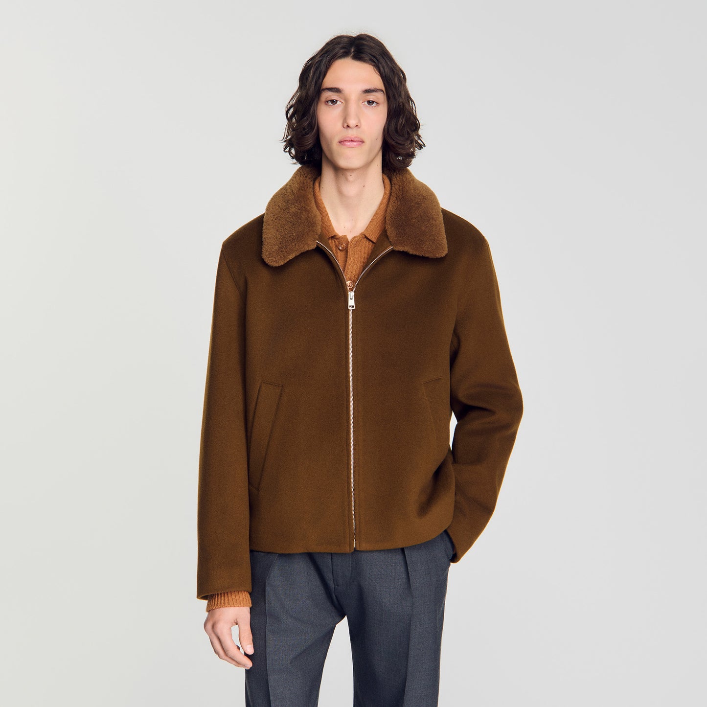 Minimal Aviator Wool zip-up jacket Camel
