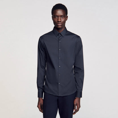 Seamless Stretch Fitted Stretch Cotton Shirt - Navy Blue Navy Blue