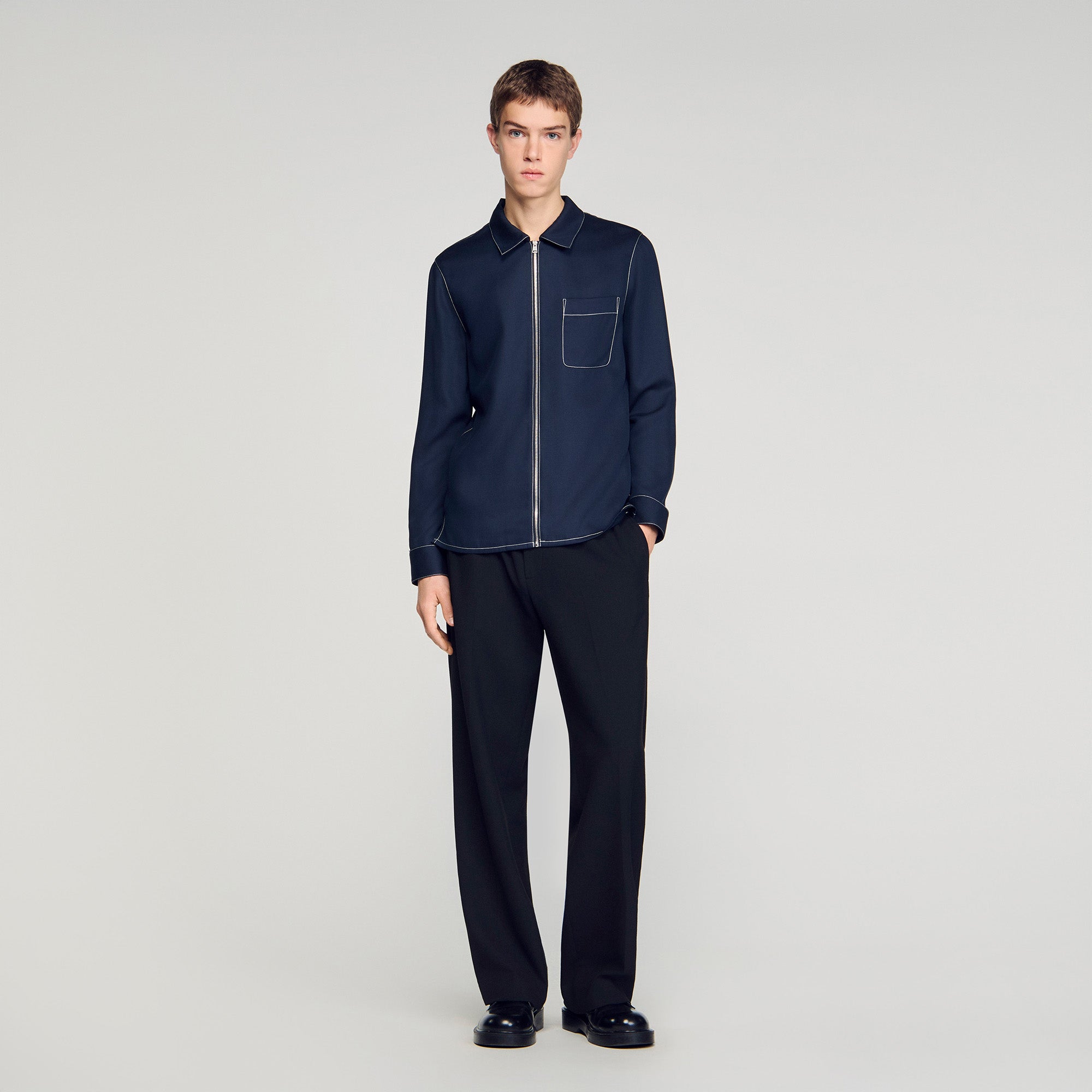 Stitched Zip Shirt Loose-Fit Zip-Up Shirt NAVY BLUE