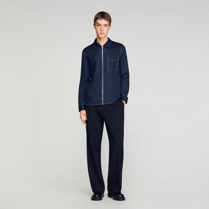 Stitched Zip Shirt Loose-Fit Zip-Up Shirt NAVY BLUE