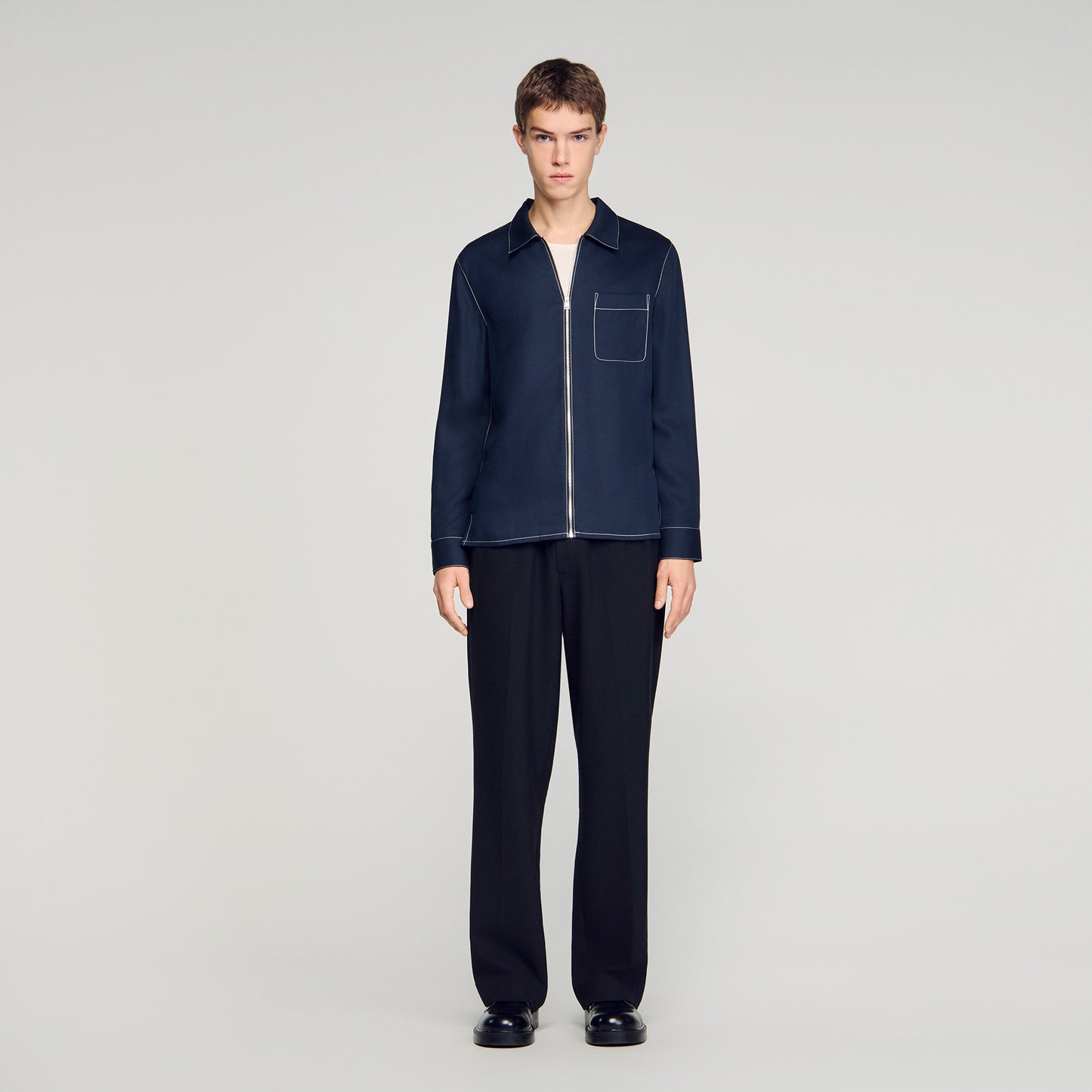 Stitched Zip Shirt Loose-Fit Zip-Up Shirt NAVY BLUE
