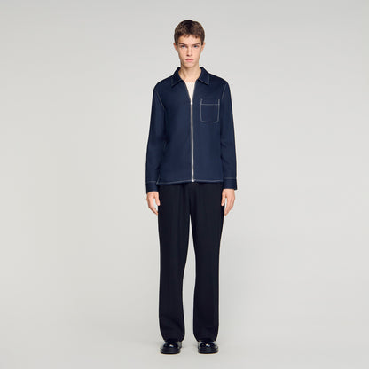 Stitched Zip Shirt Loose-Fit Zip-Up Shirt NAVY BLUE