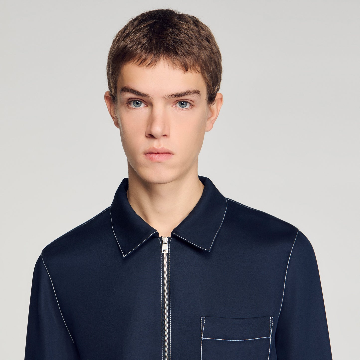 Stitched Zip Shirt Loose-Fit Zip-Up Shirt NAVY BLUE