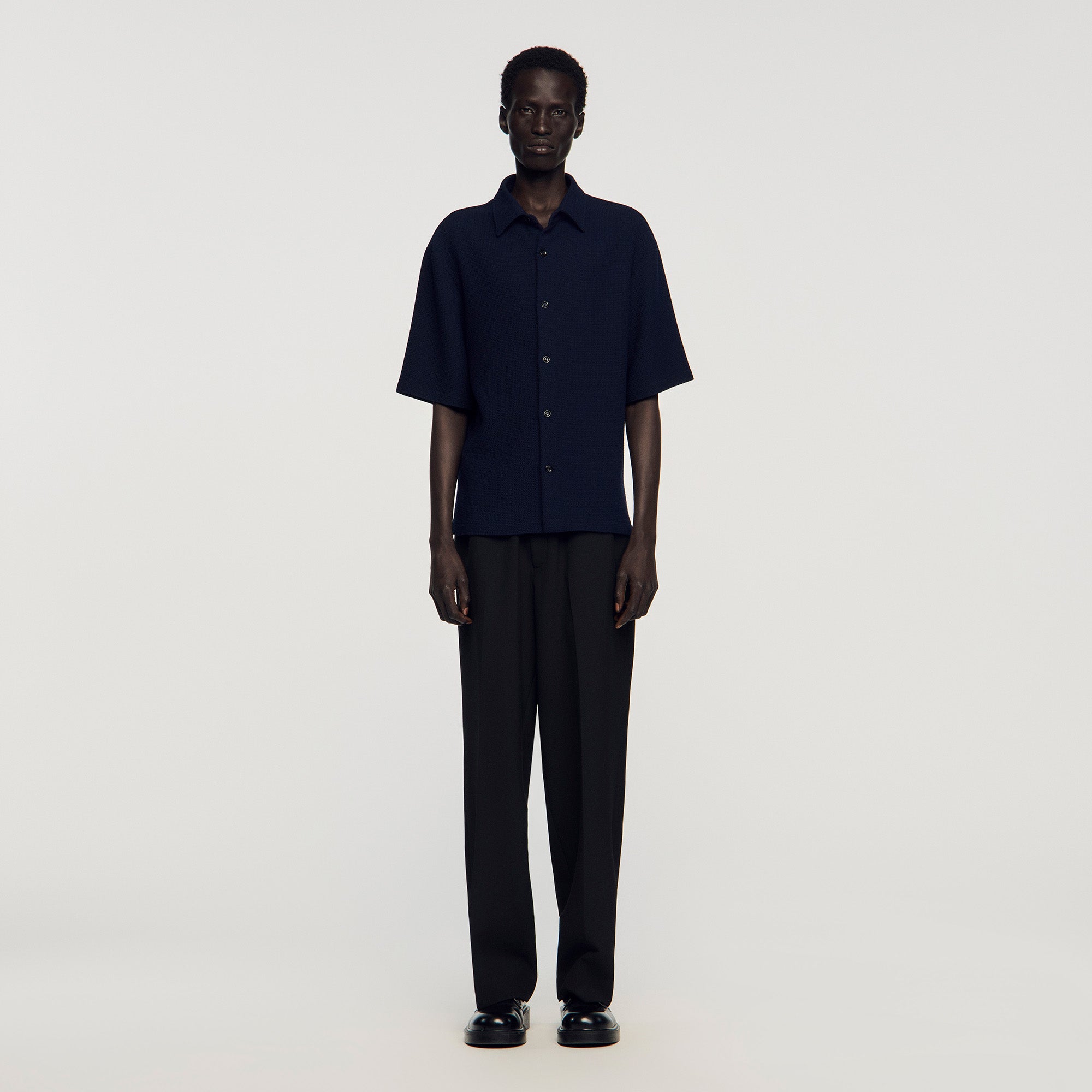 Textured Shark Collar Shirt Navy Blue