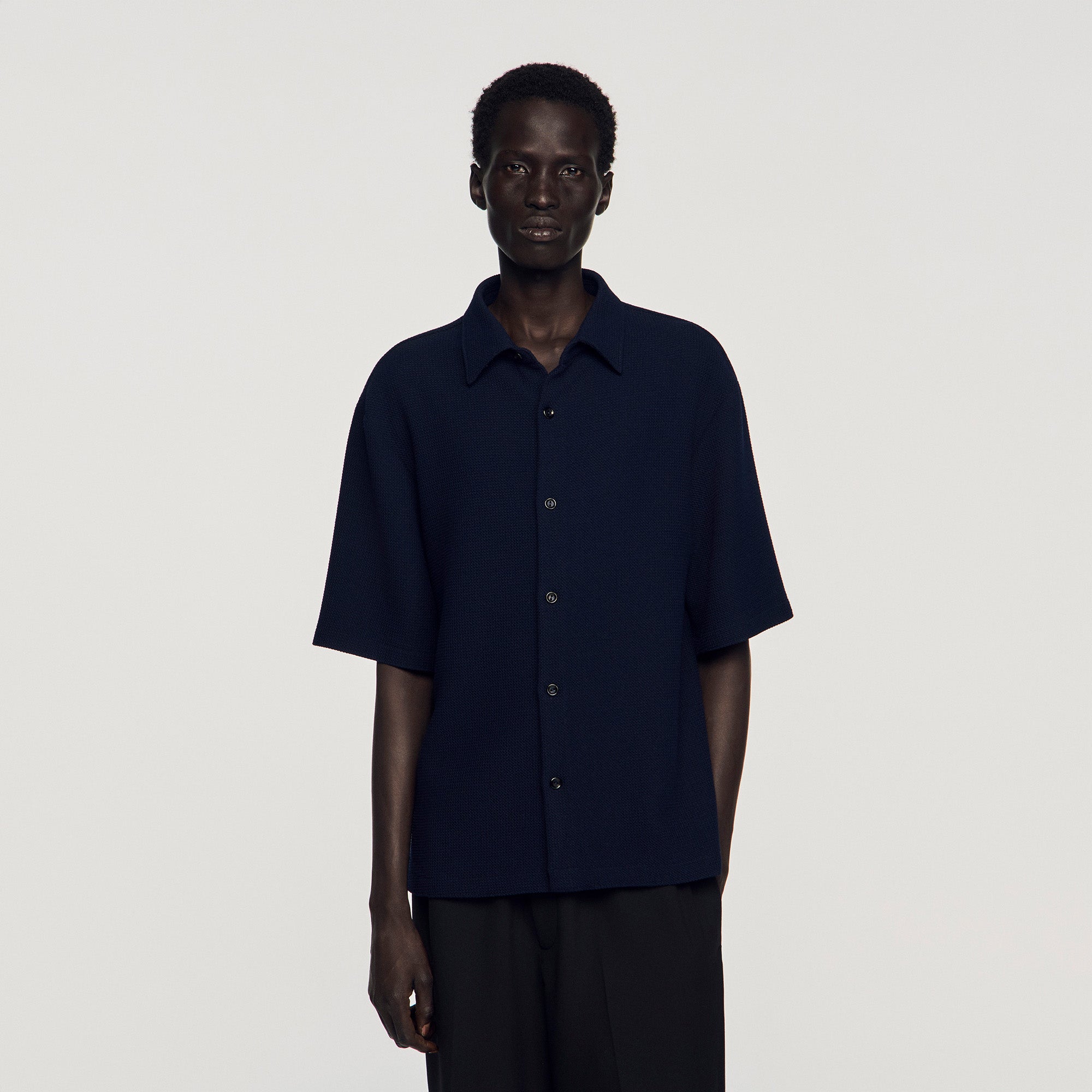 Textured Shark Collar Shirt Navy Blue