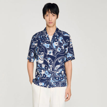 Hippie Trip Mc Loose-Fit Print Shark Collar Shirt Navy Blue
