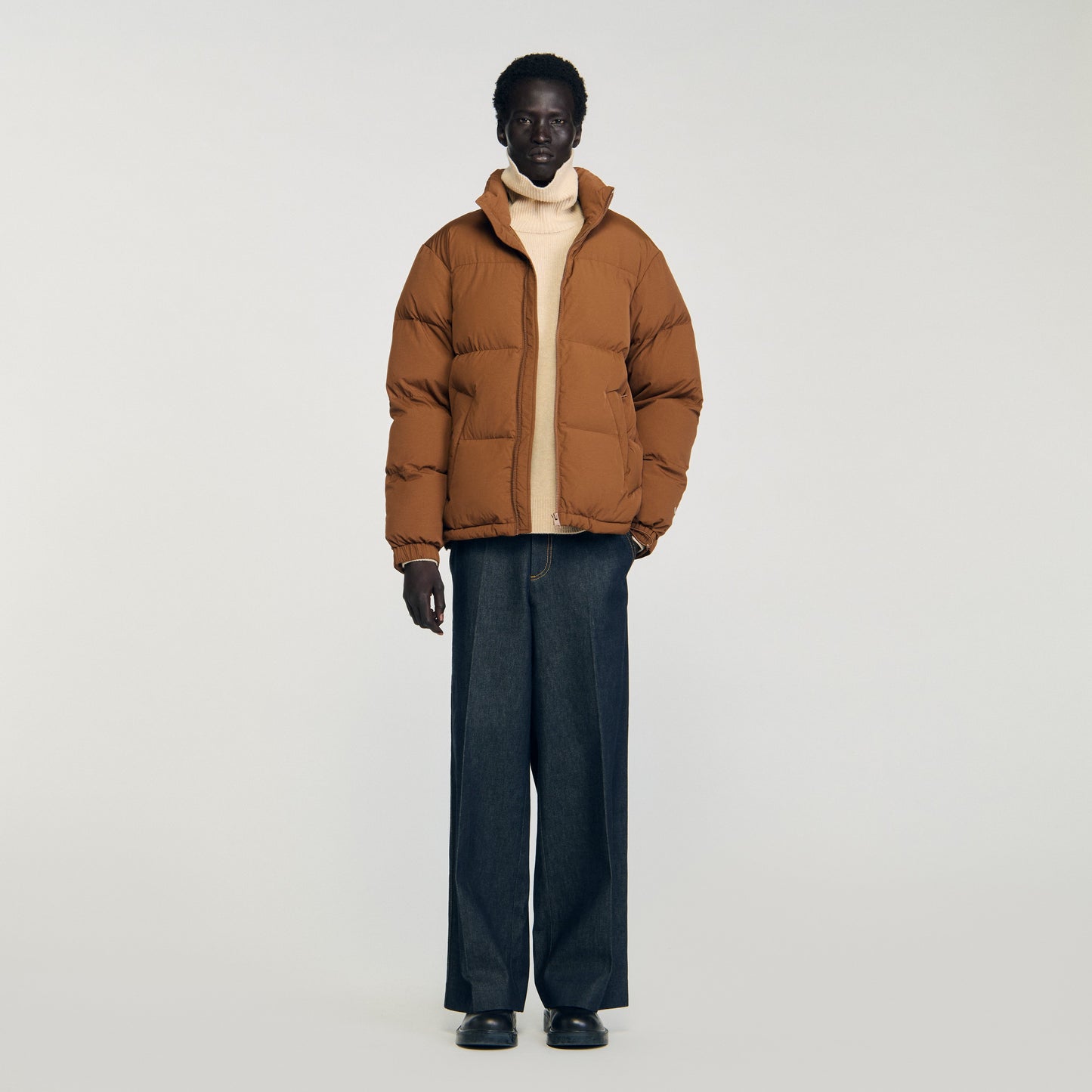 Puffy Jacket Hooded Puffer With High Collar Cognac