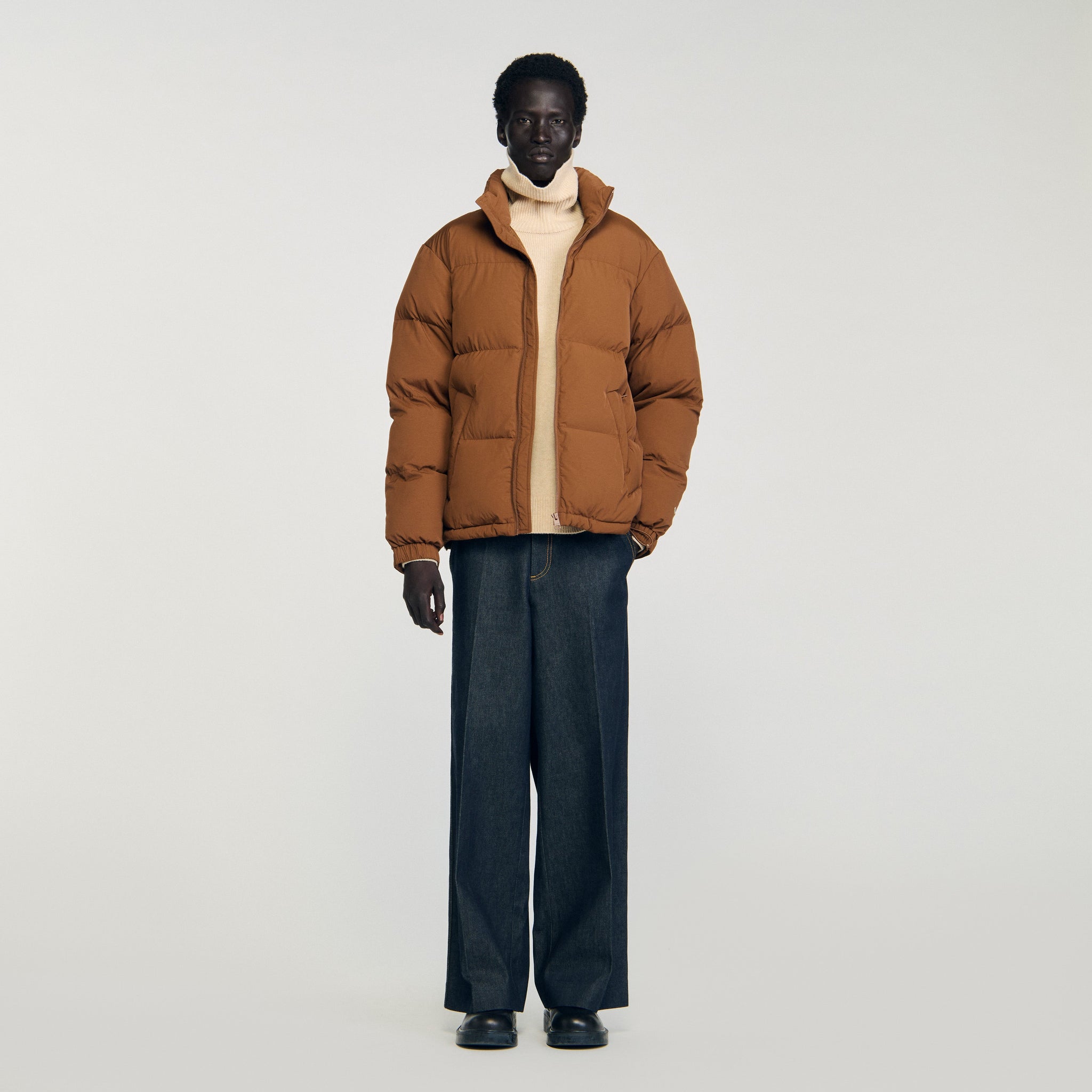 Puffy Jacket Hooded Puffer With High Collar Cognac