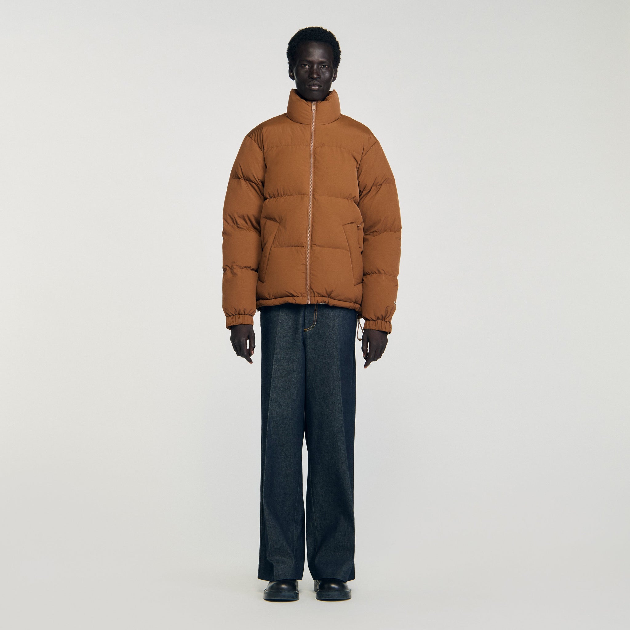 Puffy Jacket Hooded Puffer With High Collar Cognac