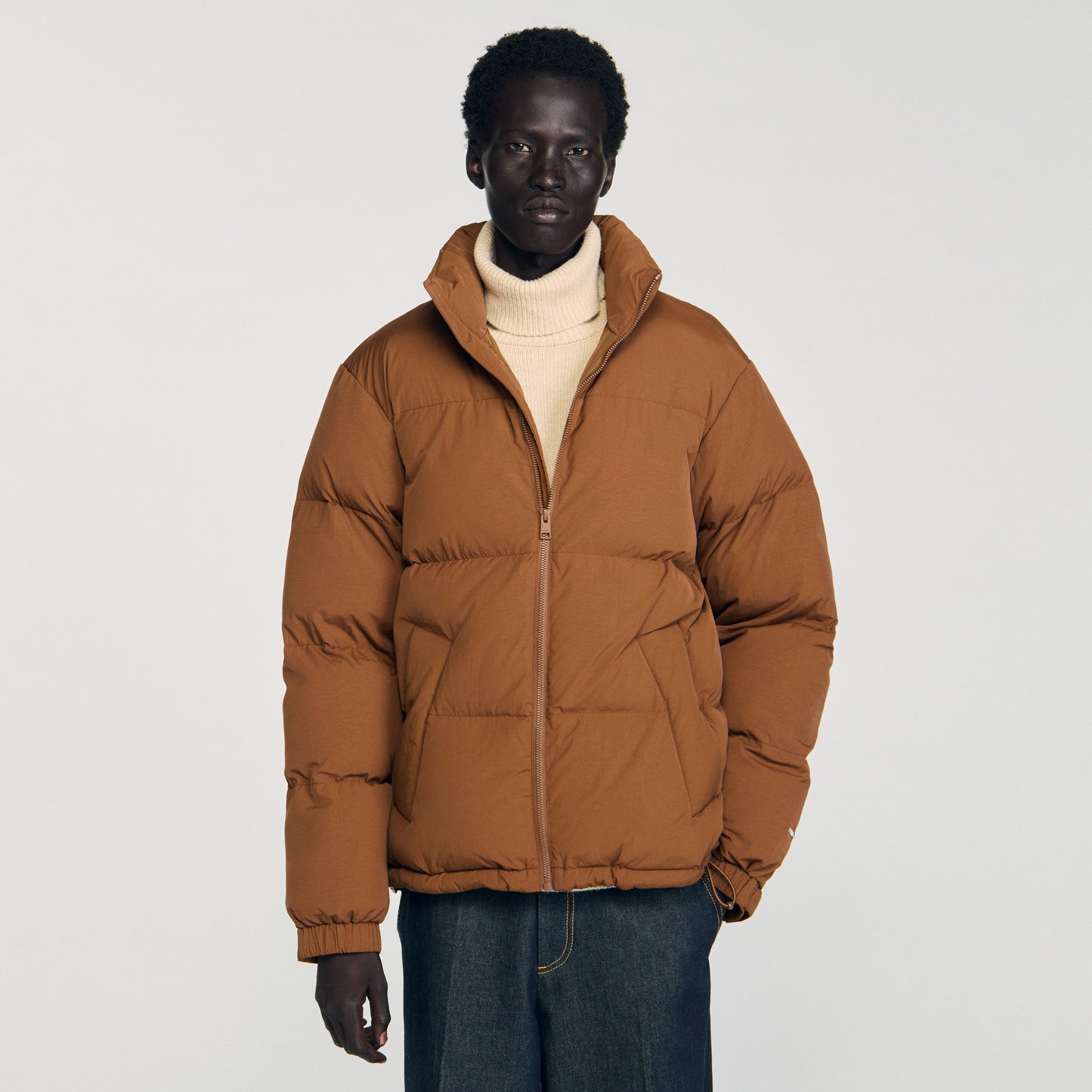 Puffy Jacket Hooded Puffer With High Collar Cognac