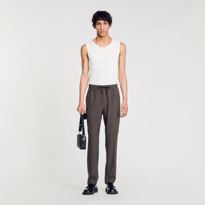 Elasticated Cargo Trousers Dark Kaki.