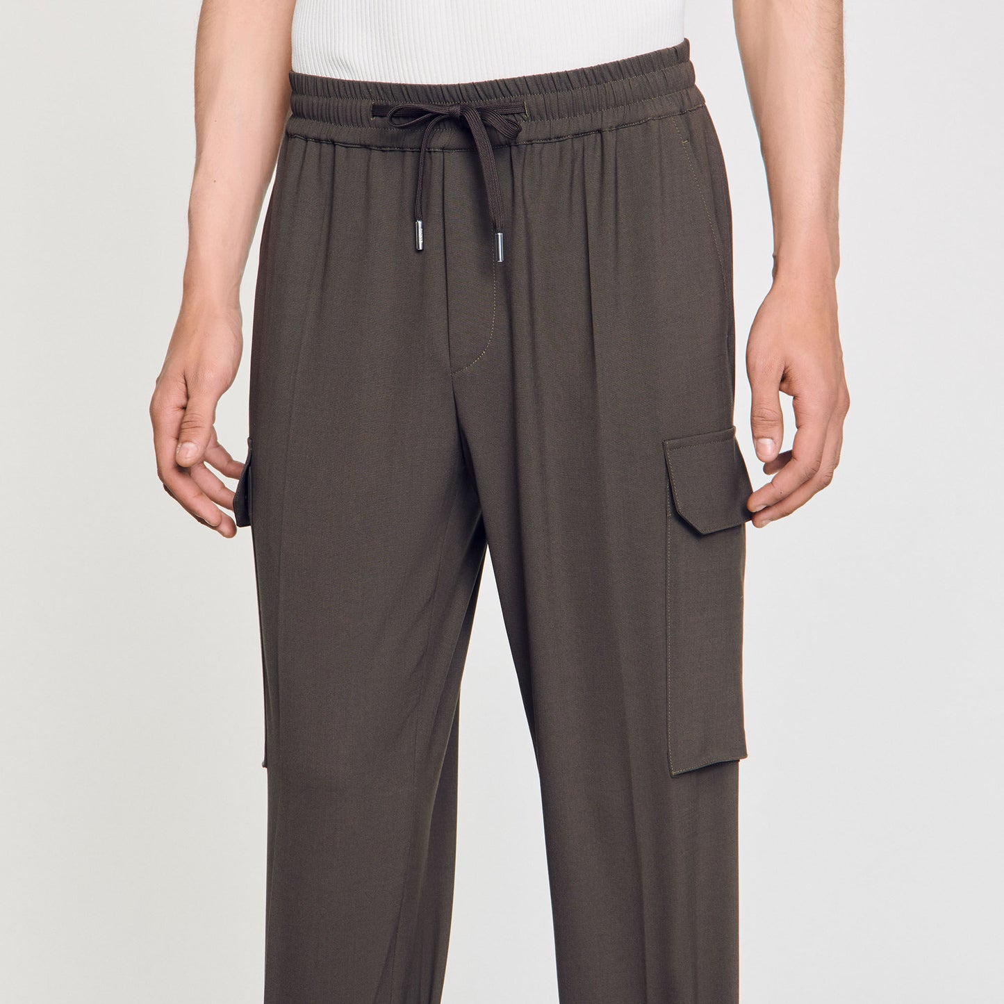 Elasticated Cargo Trousers Dark Kaki.