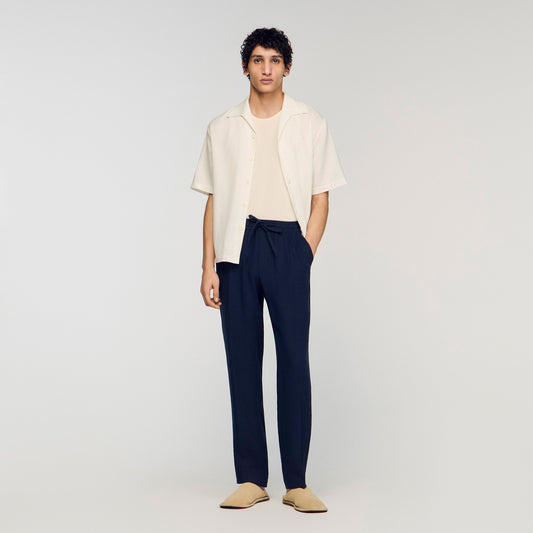 Alpha Linen Straight-Leg Linen Trousers Navy Blue