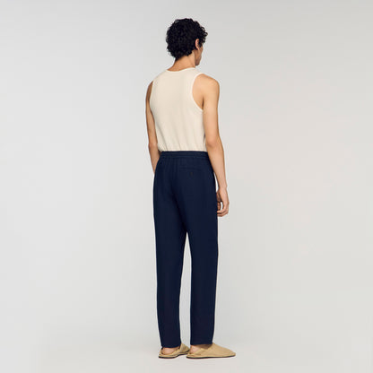 Alpha Linen Straight-Leg Linen Trousers Navy Blue