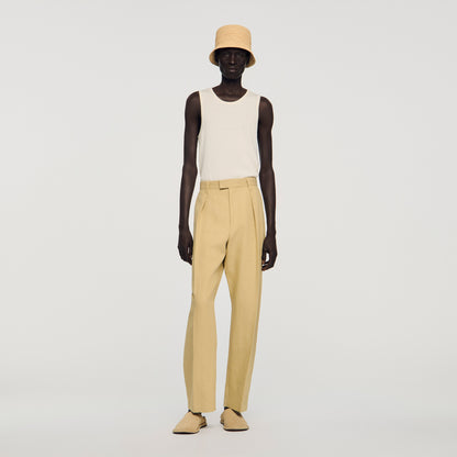Gerard Pant Wide Pleated Cotton-Linen Trousers Beige