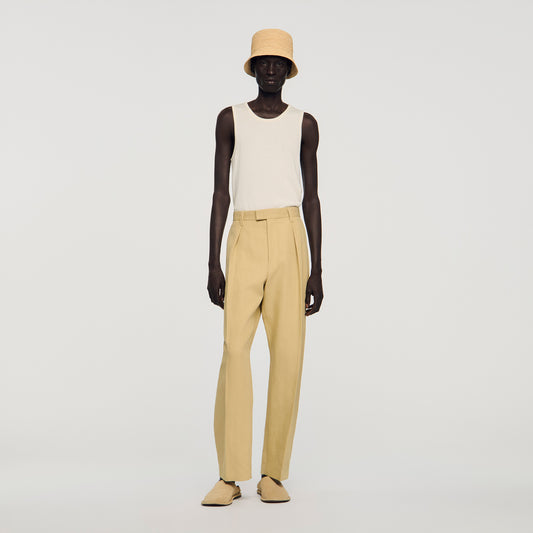 Gerard Pant Wide Pleated Cotton-Linen Trousers Beige