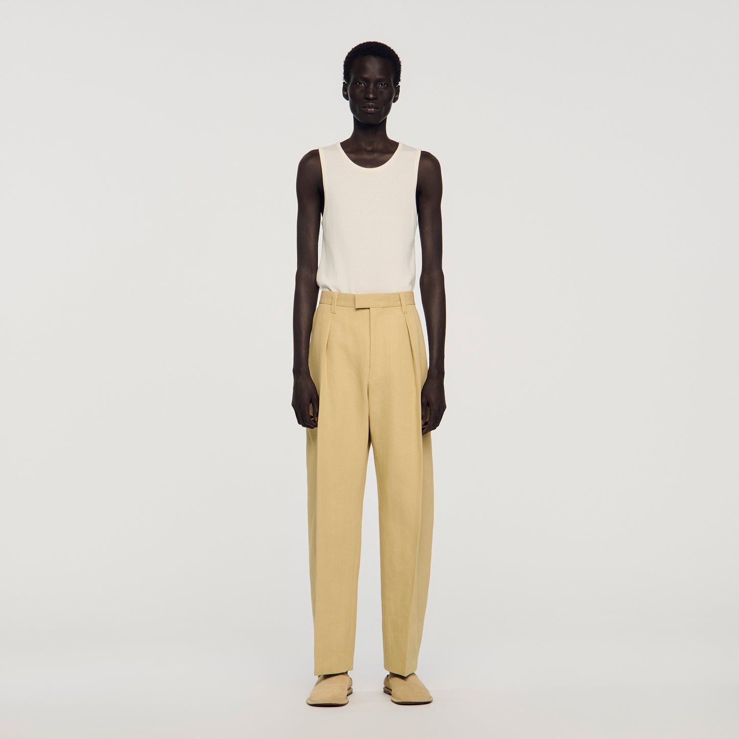 Gerard Pant Wide Pleated Cotton-Linen Trousers Beige
