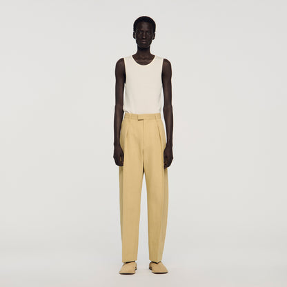 Gerard Pant Wide Pleated Cotton-Linen Trousers Beige
