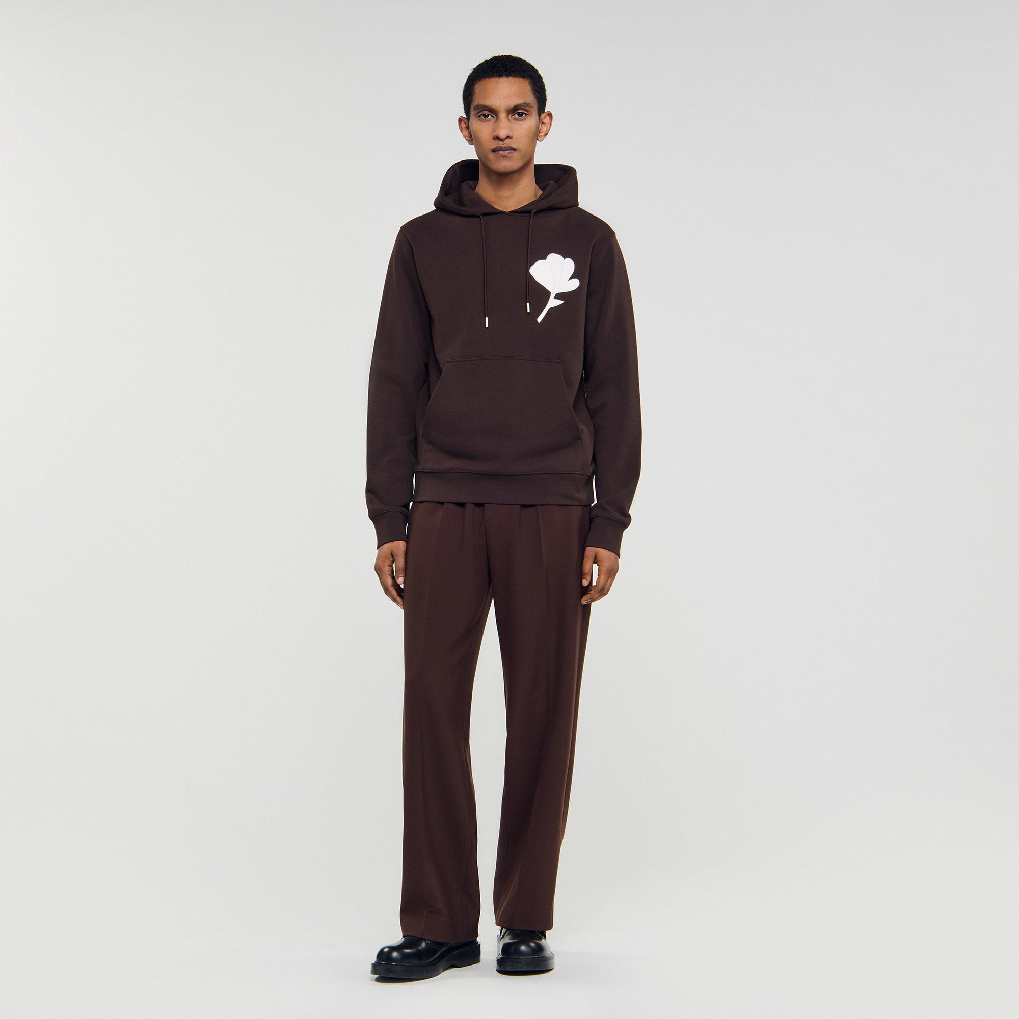 Layered Flower Hoodie Sweatshirt With Flower Patch Chocolate