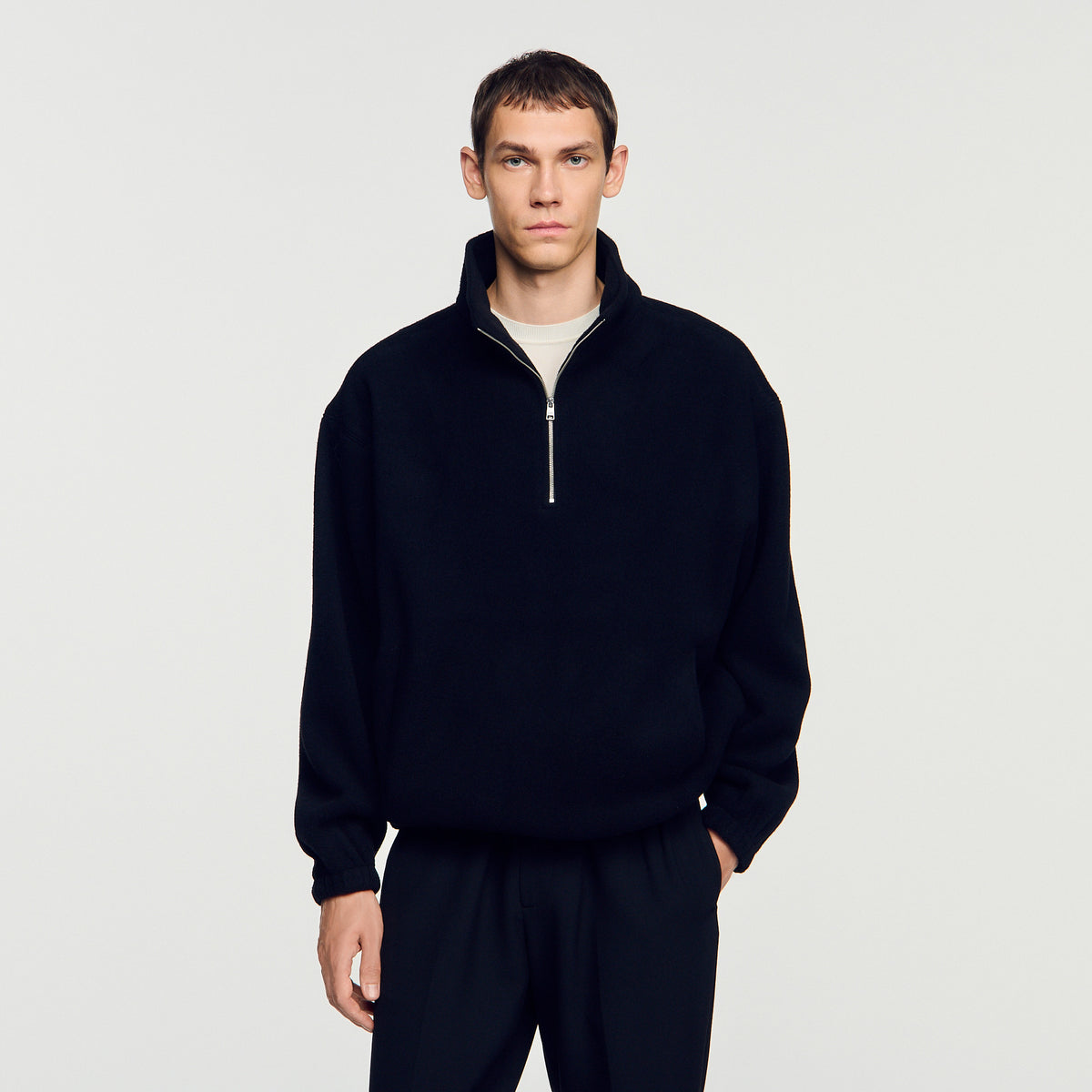 L Fleece Zipped standing collar sweatshirt Black