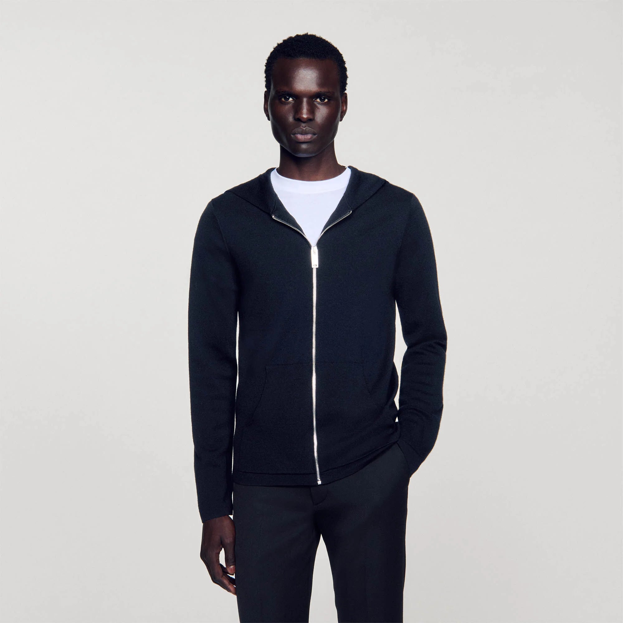 Zipped Cardigan With Hood Black