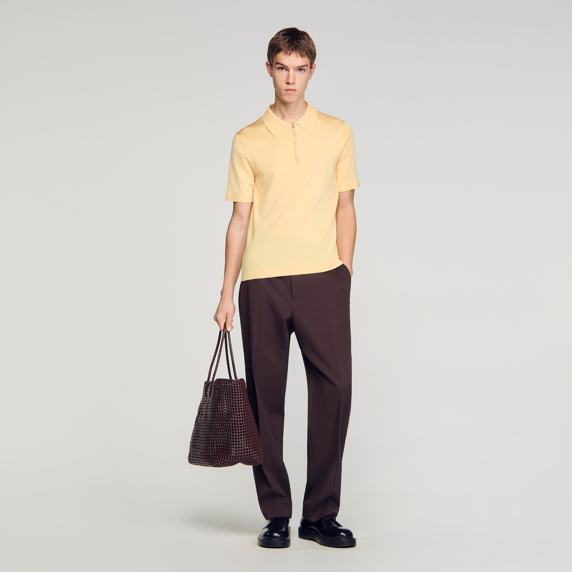 Knitted Polo Shirt With Zip Collar Light Yellow