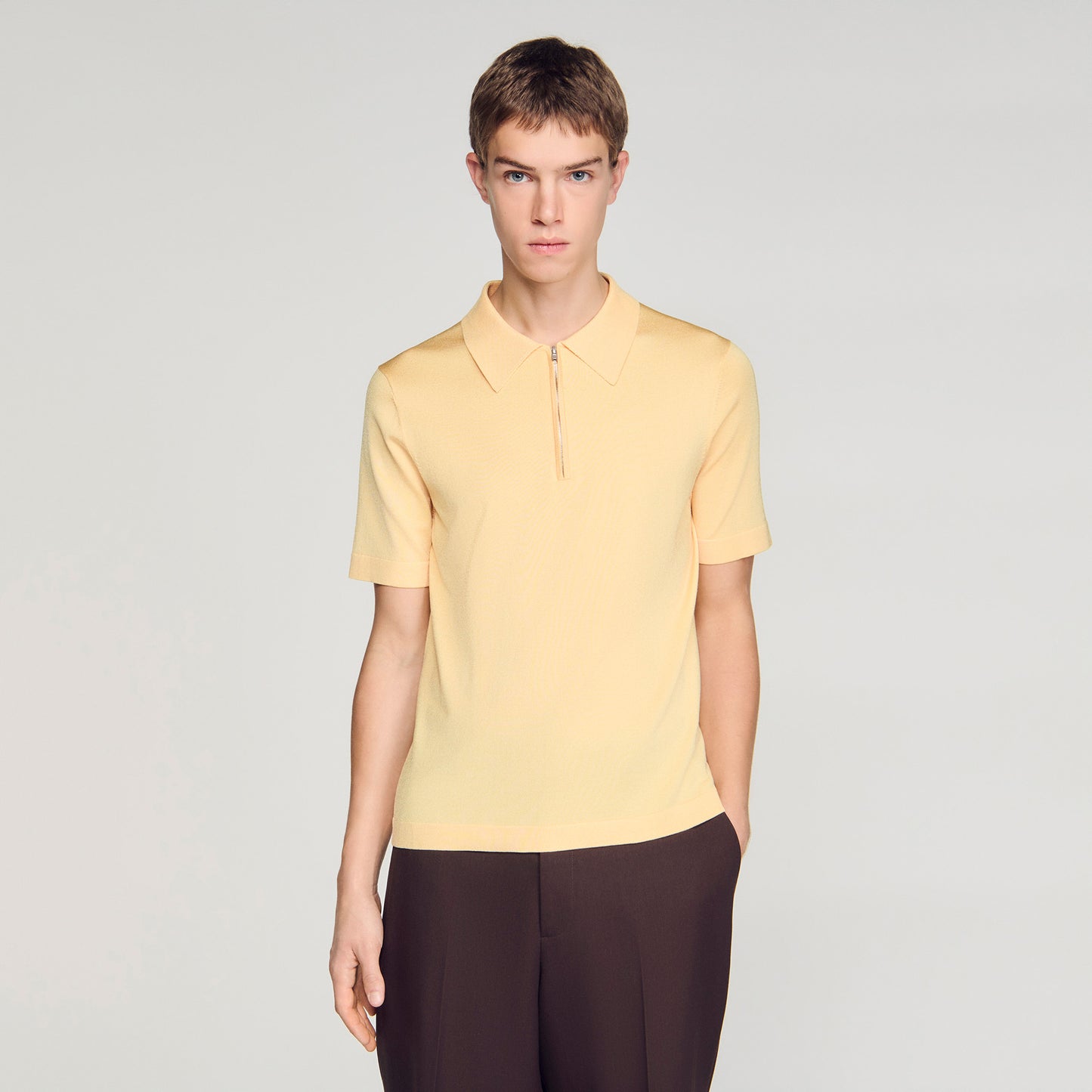 Knitted Polo Shirt With Zip Collar Light Yellow