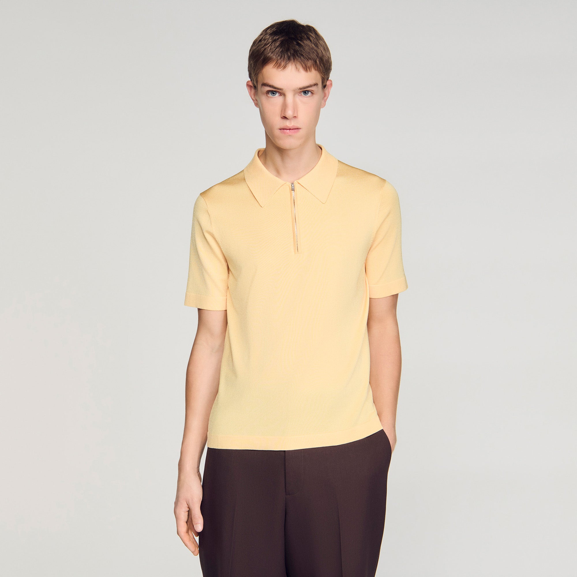 Knitted Polo Shirt With Zip Collar Light Yellow