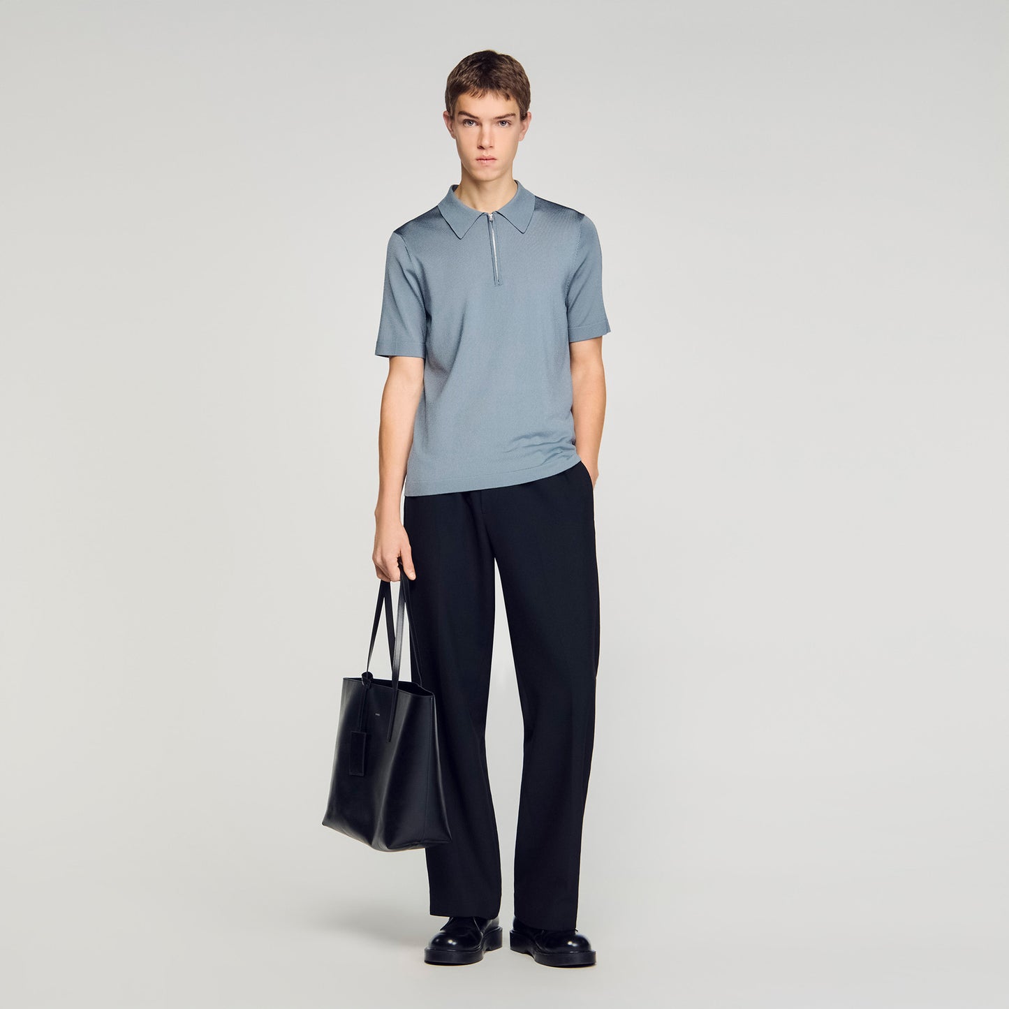 Knitted Polo Shirt With Zip Collar Grey Blu