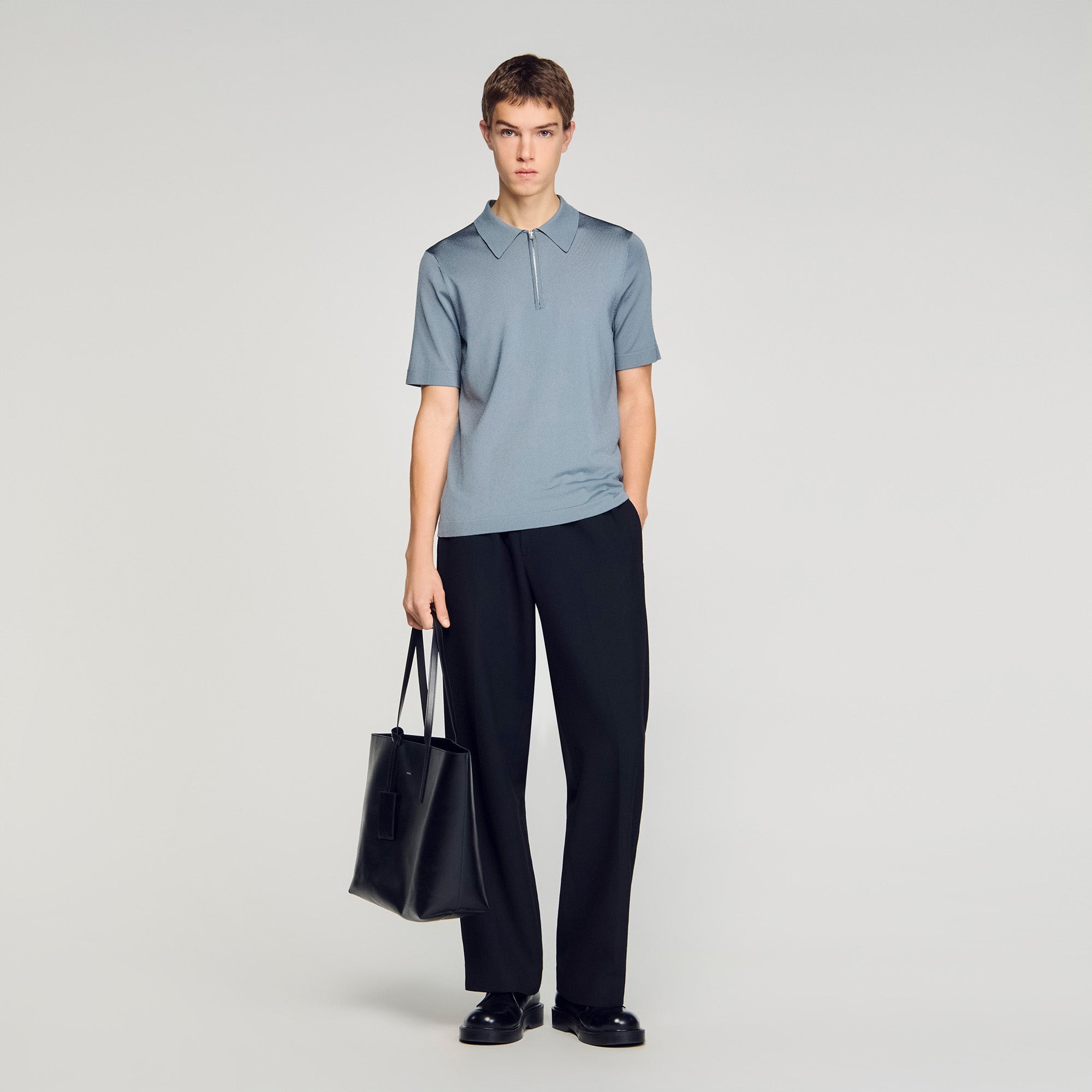 Knitted Polo Shirt With Zip Collar Grey Blu