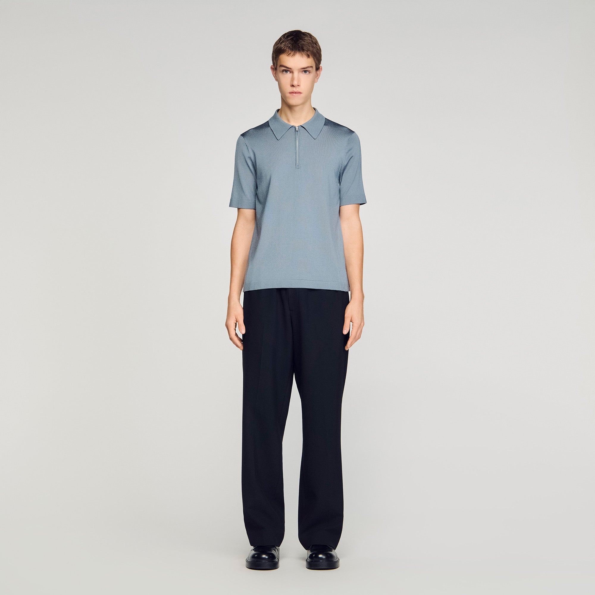 Knitted Polo Shirt With Zip Collar Grey Blu