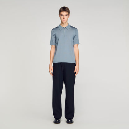 Knitted Polo Shirt With Zip Collar Grey Blu
