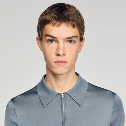 Knitted Polo Shirt With Zip Collar Grey Blu
