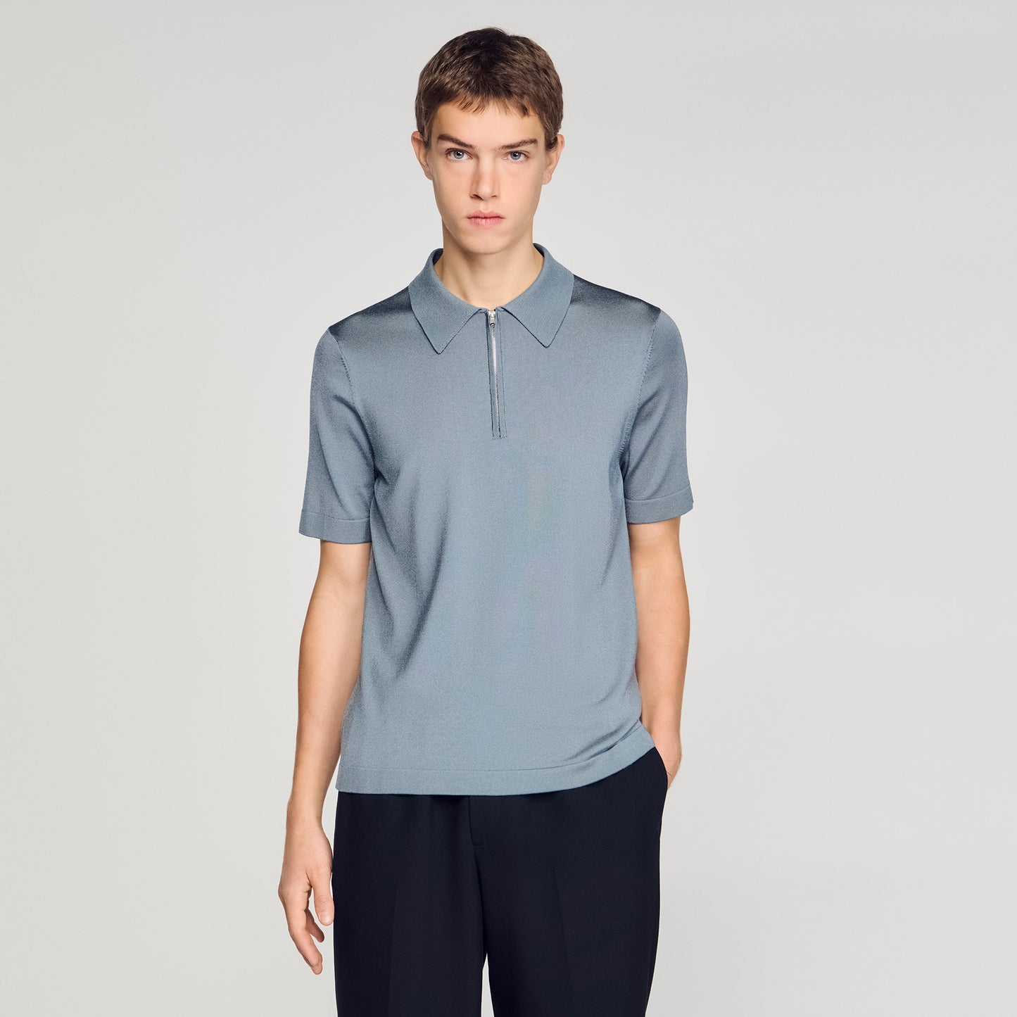 Knitted Polo Shirt With Zip Collar Grey Blu