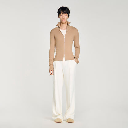 Ribbed Cardigan Zip Cardigan With Standing Collar Beige