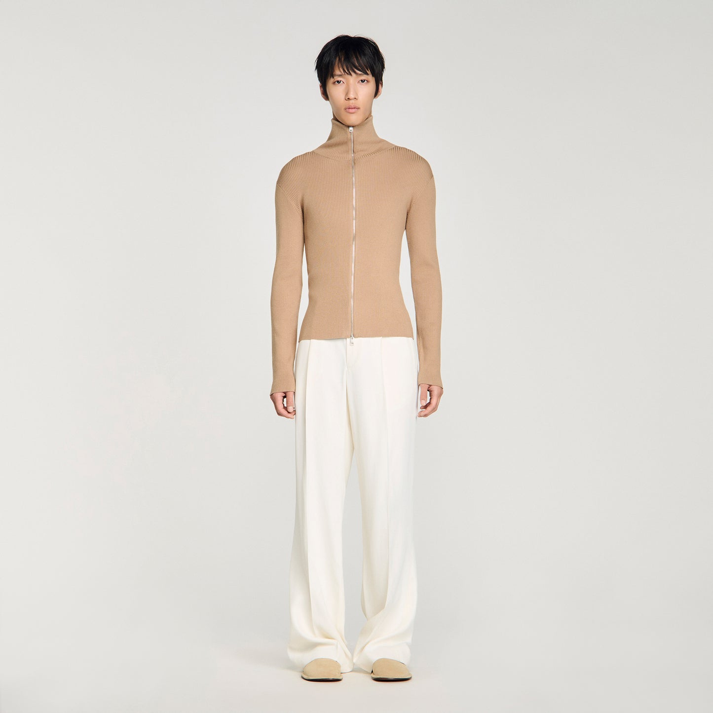 Ribbed Cardigan Zip Cardigan With Standing Collar Beige
