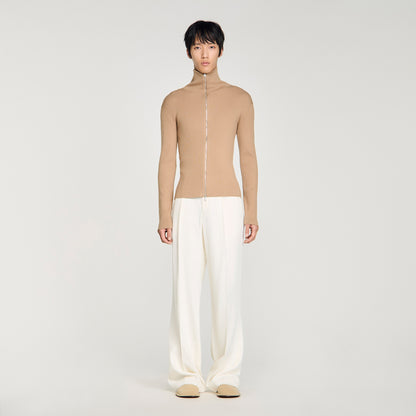 Ribbed Cardigan Zip Cardigan With Standing Collar Beige