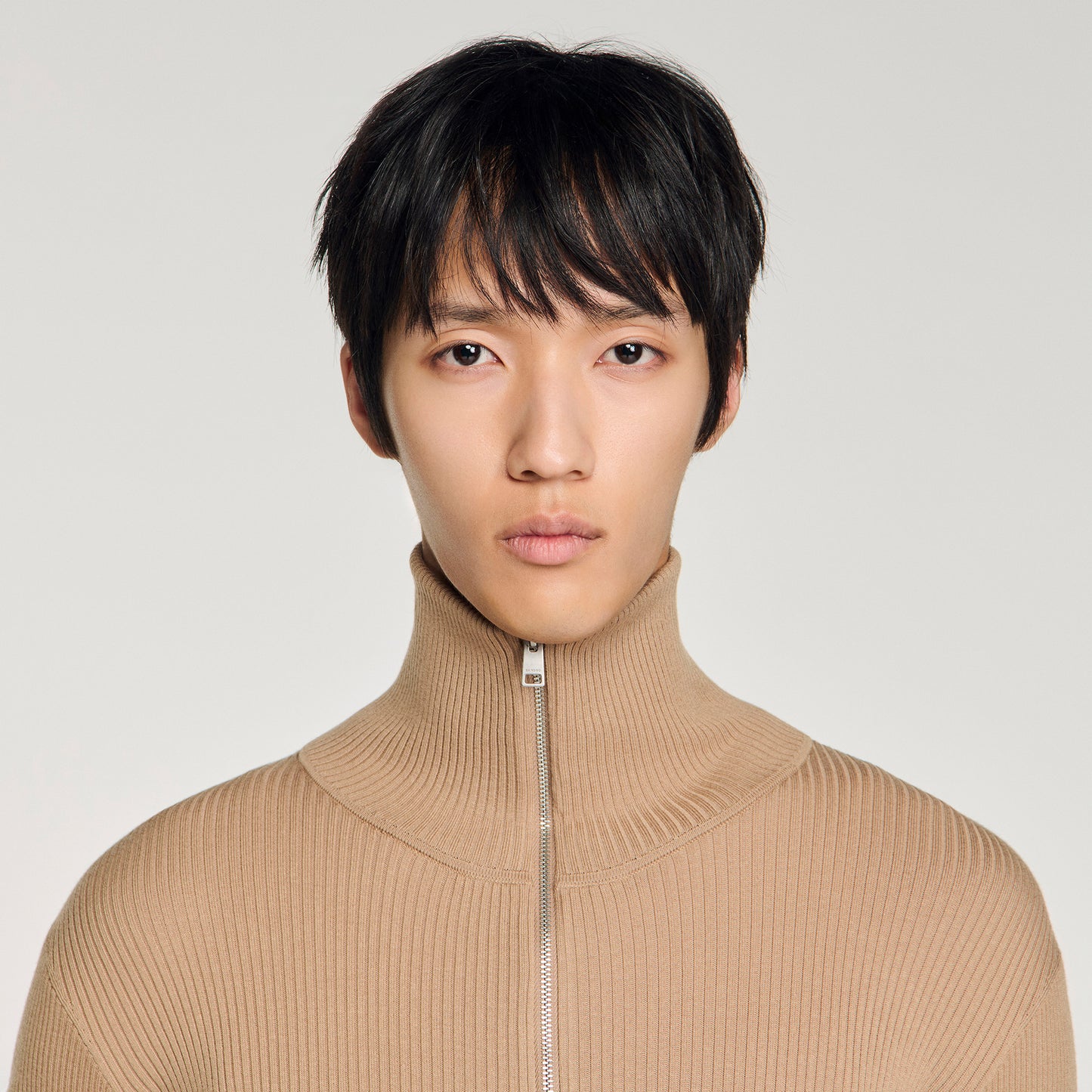 Ribbed Cardigan Zip Cardigan With Standing Collar Beige