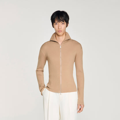 Ribbed Cardigan Zip Cardigan With Standing Collar Beige