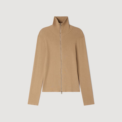 Ribbed Cardigan Zip Cardigan With Standing Collar Beige